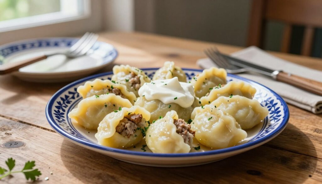 A beautifully arranged plate of cepeliny, traditional Lithuanian potato dumplings filled with meat, sits elegantly on a rustic wooden table. The cepeliny are garnished with a dollop of sour cream and a sprinkle of fresh herbs, highlighting their texture and inviting appearance. In the background, soft, natural lighting filters in from a nearby window, casting gentle shadows that accentuate the dumplings' curves. A traditional Lithuanian table setting features a simple ceramic plate with blue and white patterns, matched with a wooden fork and knife. The atmosphere is warm and inviting, evoking a sense of home and heritage, perfect for showcasing this iconic dish.
