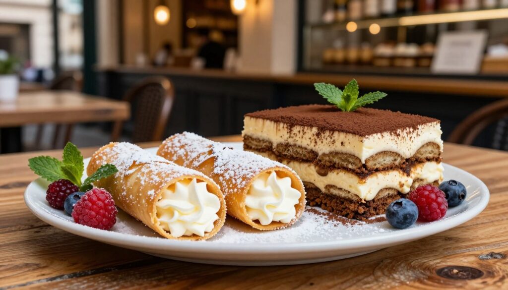 A beautifully arranged platter of traditional Italian desserts, prominently featuring a delicious maritozzo filled with whipped cream and sprinkled with powdered sugar, alongside a rich, creamy tiramisu, layered with cocoa and coffee flavors. In the foreground, the desserts are elegantly decorated with fresh berries and mint leaves, enhancing their visual appeal. In the middle ground, a rustic wooden table adds warmth, with a glimpse of a charming Roman café ambiance in the background, featuring soft, inviting lights that create a cozy atmosphere. The composition captures the vibrant colors and textures of the desserts, inviting viewers to indulge in these classic Italian sweets. Natural soft lighting emphasizes the desserts' appetizing details while maintaining a welcoming mood.