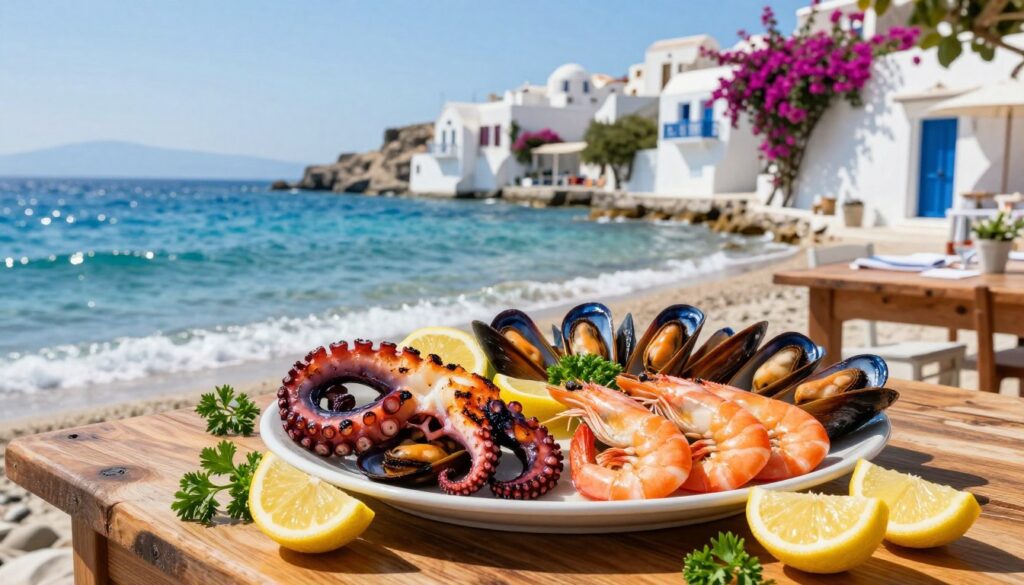 A beautifully arranged seafood platter featuring an array of fresh Greek seafood, including grilled octopus, succulent shrimp, and glistening mussels, set on a rustic wooden table. In the foreground, vibrant slices of lemon and sprigs of parsley add color and freshness. The middle ground showcases a shimmering blue sea and a sunny beach, with gentle waves lapping at the shore. The background features a picturesque Greek village with whitewashed buildings and vibrant bougainvillea climbing the walls, under a clear blue sky. The scene is well-lit by warm sunlight, creating a relaxed and inviting atmosphere. The composition captures the essence of enjoying seafood by the Mediterranean coast, evoking a sense of summer dining and culinary delight.