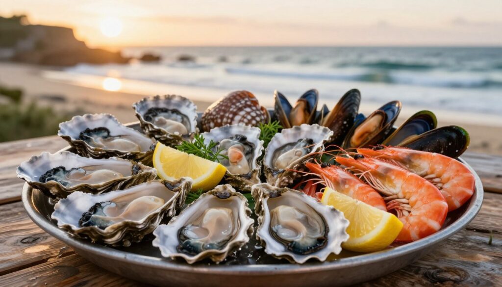 A beautifully arranged seafood platter featuring fresh oysters, vibrant shrimp, mussels, and clams, artistically displayed on a rustic wooden table. In the foreground, a close-up of glistening oysters with glistening pearls of seawater, garnished with lemon slices and herbs, evokes the essence of the coast. The middle area showcases a variety of shellfish and crustaceans, set against a backdrop of softly blurred coastal scenery, suggesting the Atlantic Ocean waves in the distance under a warm, golden sunset. The lighting is soft and inviting, enhancing the rich textures of the seafood. The overall mood is vibrant and fresh, capturing the culinary delights of Brittany and Normandy’s seaside treasures.