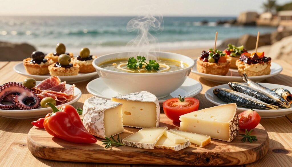 A beautifully arranged spread of Portuguese appetizers, featuring a variety of colorful local cheeses, olives, cured meats, and fresh seafood like octopus and sardines. In the foreground, a rustic wooden board showcases artisan cheeses with distinct textures, surrounded by vibrant peppers, ripe tomatoes, and fragrant herbs. The middle layer features a bowl of rich, steaming soup topped with fresh parsley, alongside small plates of visually appealing tapas. The background includes a blurred view of an ocean, hinting at the coastal origins of the ingredients, illuminated by warm, golden lighting that evokes a cozy, inviting atmosphere. The scene captures the essence of Portuguese cuisine, with a focus on small bites that celebrate flavor and tradition. A beautifully arranged spread of Portuguese appetizers, featuring a variety of colorful local cheeses, olives, cured meats, and fresh seafood like octopus and sardines. In the foreground, a rustic wooden board showcases artisan cheeses with distinct textures, surrounded by vibrant peppers, ripe tomatoes, and fragrant herbs. The middle layer features a bowl of rich, steaming soup topped with fresh parsley, alongside small plates of visually appealing tapas. The background includes a blurred view of an ocean, hinting at the coastal origins of the ingredients, illuminated by warm, golden lighting that evokes a cozy, inviting atmosphere. The scene captures the essence of Portuguese cuisine, with a focus on small bites that celebrate flavor and tradition.