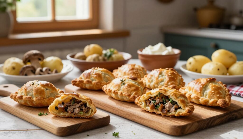 A beautifully arranged table set in a cozy Lithuanian kitchen, showcasing an assortment of freshly made kibiny. The foreground focuses on golden-brown, flaky pastry resembling casual stuffed pastries, with visible, enticing fillings of meat and herbs. A wooden cutting board nearby displays a few open kibiny, revealing their savory insides. In the middle ground, traditional Lithuanian dishes and ingredients like potatoes, mushrooms, and sour cream create a rich tapestry of local flavors. The background features a rustic wooden window with soft natural light filtering in, casting warm shadows across the scene. The overall atmosphere is inviting and nostalgic, celebrating the culinary heritage of Lithuania, particularly the essence of Troki and Vilnius. The image is shot from a slight angle to provide depth, emphasizing the tantalizing textures and colors of the kibiny.
