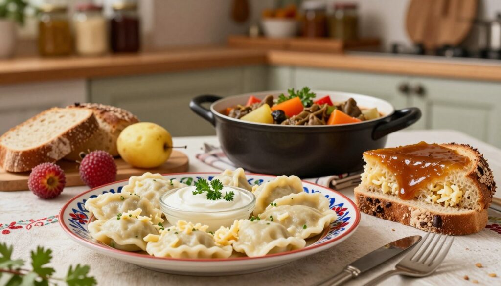 A beautifully arranged table showcasing traditional Lublin regional dishes. In the foreground, a vibrant plate of pierogi filled with potatoes and cheese, alongside a small bowl of sour cream, garnished with fresh herbs. Next to it, a slice of krówka, a local caramel fudge, shines under soft, warm lighting. In the middle ground, a rustic wooden backdrop features a pot of bigos, the hearty hunter's stew, with colorful vegetables peeking out. Scattered around are fresh local fruits and a slice of bread, adding rustic charm. The background captures a cozy, inviting kitchen with soft-focus shelves filled with jars, enhancing the warm, homely atmosphere. The overall mood is a blend of culinary tradition and local culture, evoking a sense of comfort and warmth. A beautifully arranged table showcasing traditional Lublin regional dishes. In the foreground, a vibrant plate of pierogi filled with potatoes and cheese, alongside a small bowl of sour cream, garnished with fresh herbs. Next to it, a slice of krówka, a local caramel fudge, shines under soft, warm lighting. In the middle ground, a rustic wooden backdrop features a pot of bigos, the hearty hunter's stew, with colorful vegetables peeking out. Scattered around are fresh local fruits and a slice of bread, adding rustic charm. The background captures a cozy, inviting kitchen with soft-focus shelves filled with jars, enhancing the warm, homely atmosphere. The overall mood is a blend of culinary tradition and local culture, evoking a sense of comfort and warmth.