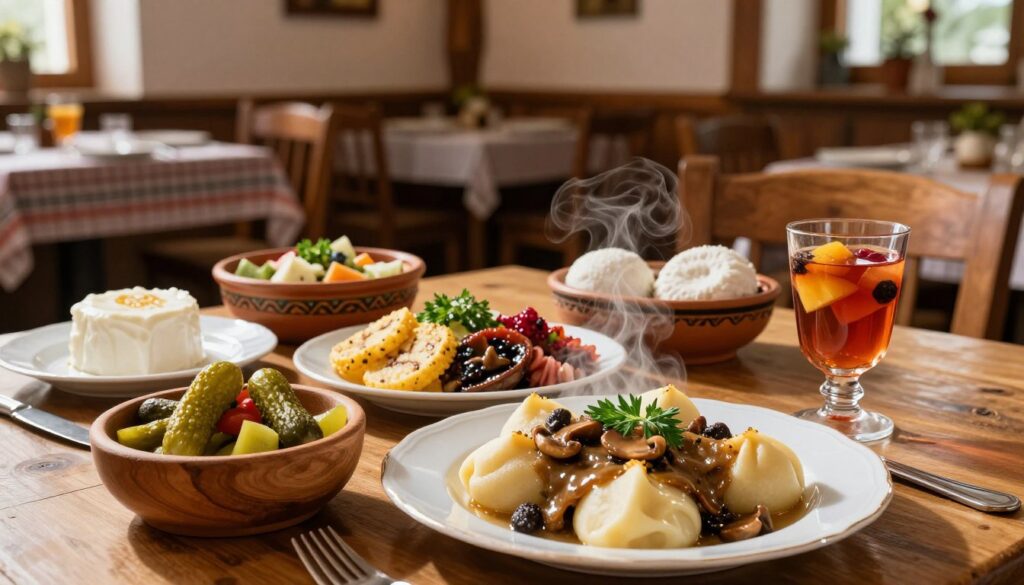 A beautifully arranged table showcasing traditional regional dishes from Opolszczyzna, such as opolski ser, kluski śląskie, and babka ziemniaczana. In the foreground, focus on a plate of steaming kluski topped with a rich mushroom sauce, garnished with fresh herbs. To the side, a wooden bowl holds delicious pickled vegetables, while a glass of local fruit compote glistens in the warm sunlight. In the middle ground, traditional pottery dishes display an assortment of colorful regional foods. The background features a rustic wooden interior of a local Opole restaurant, with soft, ambient lighting enhancing the cozy atmosphere. Capture the scene from a slightly elevated angle to provide an inviting view of the spread, evoking a sense of warmth and cultural richness.