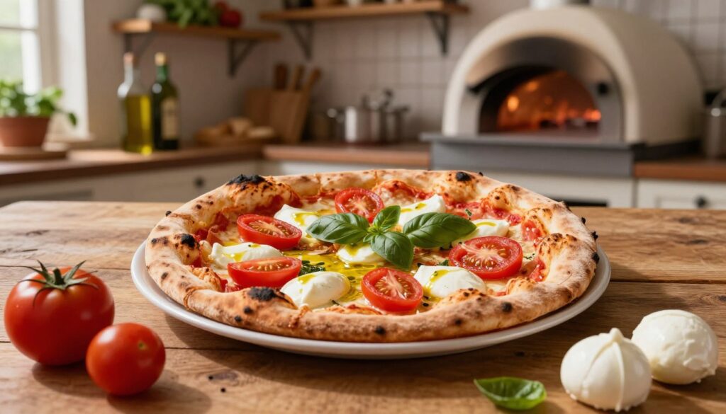 A beautifully crafted pizza neapolitańska sits center stage on a rustic wooden table, its delicate, charred crust rising enticingly. The pizza is topped with vibrant red San Marzano tomatoes, creamy mozzarella di bufala, a drizzle of high-quality olive oil, and fresh basil leaves, creating a perfect harmony of colors. In the background, a sunlit Italian kitchen is visible, with shelves adorned with herbs, olive oil bottles, and a wood-fired oven glowing warmly. The lighting is soft and inviting, casting gentle shadows and highlighting the pizza’s textures. A few ingredients, like ripe tomatoes and mozzarella balls, are arranged artfully in the foreground, adding depth and enticing the viewer. The overall atmosphere is warm and welcoming, evoking the essence of a traditional Italian trattoria.