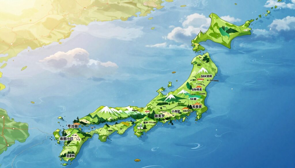A beautifully detailed map showcasing the four main islands of Japan: Hokkaido, Honshu, Shikoku, and Kyushu. In the foreground, illustrate a vibrant landscape featuring key geographical highlights, such as the snow-capped mountains of Hokkaido, the bustling cities of Honshu like Tokyo and Kyoto, the lush green hills of Shikoku, and the coastal scenery of Kyushu. In the middle ground, depict the islands surrounded by shimmering blue waters, with gentle waves and marine life visible. The background should feature soft clouds against a serene sky, symbolizing tranquility. Use natural sunlight to create a warm, inviting atmosphere, and utilize a wide-angle lens perspective for an expansive view. The overall mood should evoke a sense of discovery and appreciation for Japan’s diverse geography.