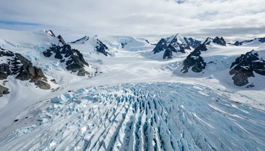 A breathtaking aerial view of Antarctica, showcasing the vast, icy landscape characterized by sprawling glaciers and rugged mountain ranges. In the foreground, intricate patterns of ice formations glisten under the bright polar sun, reflecting shades of blue and white. The middle ground features a stunning expanse of snow-covered plains, interspersed with occasional rocky outcrops, while distant peaks loom majestically in the background, their summits capped with thick snow. The scene captures the stark beauty and isolation of the continent, emphasizing its position as the southernmost landmass among the continents. Soft, diffused lighting creates a serene and contemplative atmosphere, inviting the viewer to appreciate the untouched wilderness of this unique region.