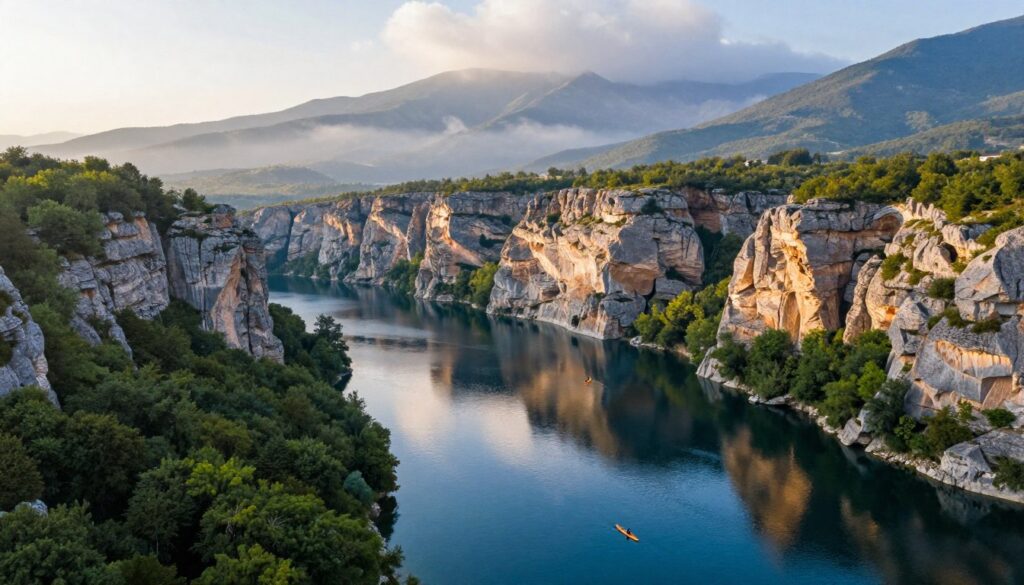 A breathtaking aerial view of Matka Canyon and Lake Matka, located just outside of Skopje, Macedonia. In the foreground, lush green forests border the tranquil waters of the lake, reflecting the vibrant blue sky. The middle ground features dramatic cliffs rising from the water's edge, their rocky surfaces etched with age, showcasing a palette of earthy tones. Kayakers gently paddle across the serene lake, adding a touch of human presence to this natural wonder. In the background, the mountains tower majestically, partially shrouded in mist, creating a mystical atmosphere. Soft sunlight filters through the clouds, casting a warm glow on the landscape. The scene captures the essence of nature's beauty and tranquility in this picturesque region, inviting travelers to explore.