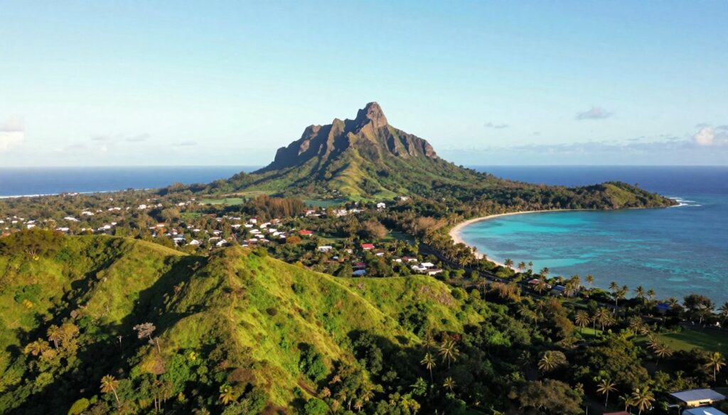 A breathtaking aerial view of Mauritius, showcasing its stunning geography. In the foreground, vibrant green hills and lush forests blend seamlessly with the sparkling blue waters of the Indian Ocean. The middle ground features dramatic volcanic mountains, their peaks rising majestically against a clear, bright sky. Surrounding the mountains, a rich tapestry of tropical vegetation flourishes. In the background, a breathtaking coral reef is visible just offshore, with various shades of turquoise and azure contrasting with the white sandy beaches lining the coast. The scene is bathed in warm, golden sunlight, creating a tranquil and inviting atmosphere, inviting viewers to experience the serene beauty of this island paradise.