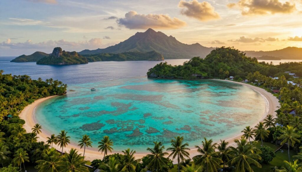 A breathtaking aerial view of the Indonesian archipelago, showcasing a diverse array of islands. In the foreground, vibrant green palm trees framing sandy beaches gently fading into crystal-clear turquoise waters. The middle ground features iconic volcanic mountains and lush jungle-covered landscapes, with patches of colorful coral reefs visible below the water's surface. In the background, a dramatic sunset casts warm golden light across the sky, enhancing the tranquil atmosphere. The scene is captured from a slightly elevated angle, creating a sense of depth and inviting exploration. The image conveys a serene, tropical paradise, perfect for illustrating the beauty and diversity of Indonesia's main islands.