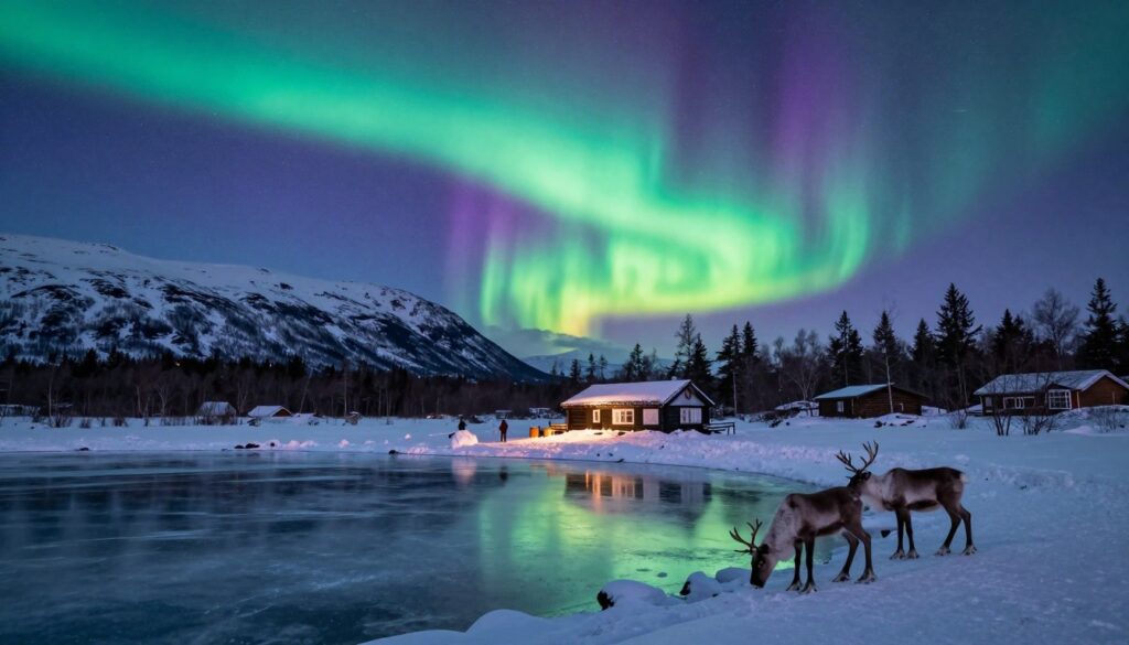 A breathtaking landscape of Lapland, showcasing the distinct regions and key attractions. In the foreground, a serene frozen lake reflects the stunning Northern Lights casting vibrant greens and purples across the sky. The middle ground features a traditional Sami hut, blending naturally with the snowy surroundings, while a couple of reindeer graze nearby, adding to the authenticity of the scene. In the background, majestic snow-covered mountains rise against a twilight sky, hinting at the vast wilderness of Lapland. Dim, yet enchanting ambient lighting invites viewers to explore, evoking a sense of wonder and adventure. Capture this magical winter landscape at a slightly elevated angle to provide depth, ensuring no people are present in rural, tranquil settings. A breathtaking landscape of Lapland, showcasing the distinct regions and key attractions. In the foreground, a serene frozen lake reflects the stunning Northern Lights casting vibrant greens and purples across the sky. The middle ground features a traditional Sami hut, blending naturally with the snowy surroundings, while a couple of reindeer graze nearby, adding to the authenticity of the scene. In the background, majestic snow-covered mountains rise against a twilight sky, hinting at the vast wilderness of Lapland. Dim, yet enchanting ambient lighting invites viewers to explore, evoking a sense of wonder and adventure. Capture this magical winter landscape at a slightly elevated angle to provide depth, ensuring no people are present in rural, tranquil settings.