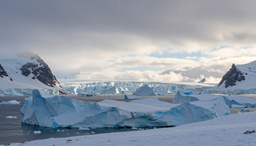 A breathtaking panoramic view of the Antarctic climate, showcasing a rugged icy landscape in the foreground, with towering glaciers and gently falling snowflakes. In the middle ground, a vast expanse of icebergs glisten under the subdued soft light of an overcast sky, with a hint of blue peeking through the clouds. The background features distant mountains, shrouded in mist, emphasizing the remote and harsh beauty of this continent. The atmosphere conveys an austere serenity, with a chill in the air that can almost be felt. The scene is illuminated with diffused light, suggesting early morning or late afternoon, highlighting the textures of the ice and snow. The overall mood is tranquil yet formidable, capturing the essence of Antarctica's unique climate, temperatures, and winter winds.