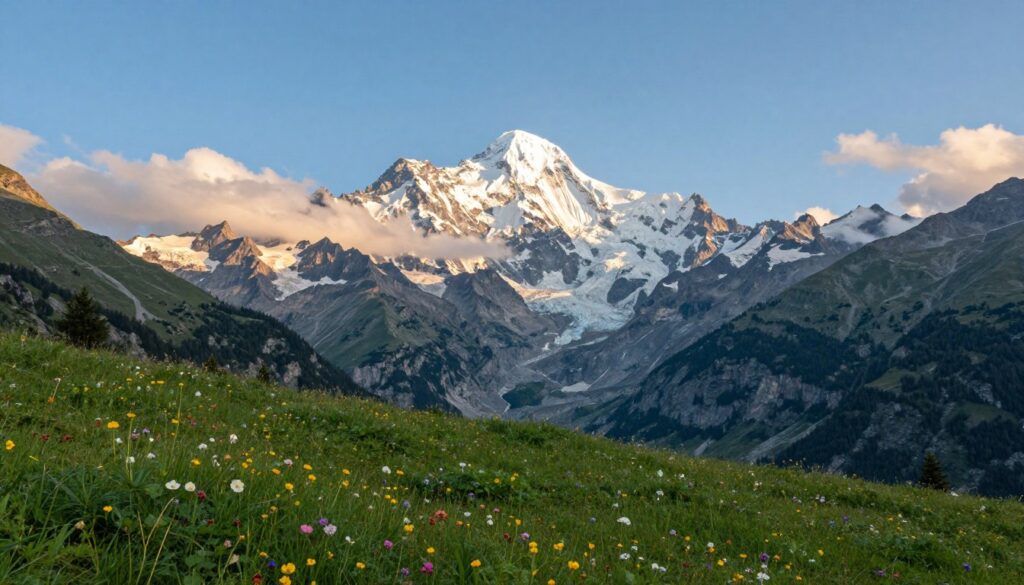 A breathtaking view of Mont Blanc, the highest peak in the Alps, towering majestically against a clear blue sky. In the foreground, vibrant patches of green alpine meadows dotted with colorful wildflowers create a serene atmosphere. The middle ground features the rugged slopes of Mont Blanc, with its iconic glacier-covered summit shimmering in the sunlight. Surrounding mountains rise steeply, framing the scene and enhancing the grandeur of Mont Blanc. In the background, soft wisps of clouds float gently, reflecting the morning light. The composition captures the essence of tranquility and natural beauty, using soft, diffused lighting to evoke a feeling of awe and wonder. This picturesque landscape should convey a sense of adventure and exploration, inviting viewers to discover the magic of this alpine region.