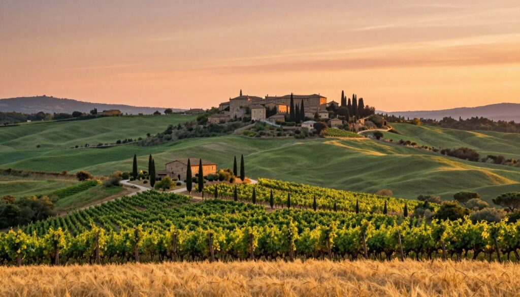 A breathtaking view of Val d'Orcia, Tuscany, showcasing rolling hills covered in lush green fields and golden wheat. In the foreground, vibrant vineyards stretch across the landscape, dotted with cypress trees that lead the eye towards a charming farmhouse. The middle ground features the historic town of Pienza perched on a hilltop, with its elegant architecture bathed in the warm, golden light of a sunset. The sky is painted with soft hues of orange and pink, reflecting the enchanting atmosphere of a tranquil evening. The image captures a picturesque, postcard-like essence, inviting viewers to the serene beauty of Tuscany.
