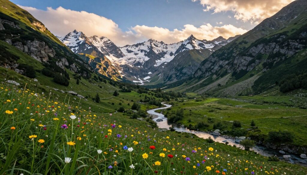 A breathtaking view of a valley in the Tatra Mountains, showcasing the stunning contrast between lush green meadows and towering rocky peaks. In the foreground, vibrant wildflowers bloom, their colors vivid against the greenery. The middle ground features a winding river, reflecting the blue sky and surrounding cliffs. In the background, majestic snow-capped mountains rise sharply, with wispy clouds draping across their tops. The scene is illuminated by soft, golden sunlight, creating a warm and inviting atmosphere. The perspective is slightly elevated, capturing the scale of the valley and its natural beauty. The overall mood is serene and awe-inspiring, emphasizing the tranquil yet majestic essence of the Tatra Mountains.