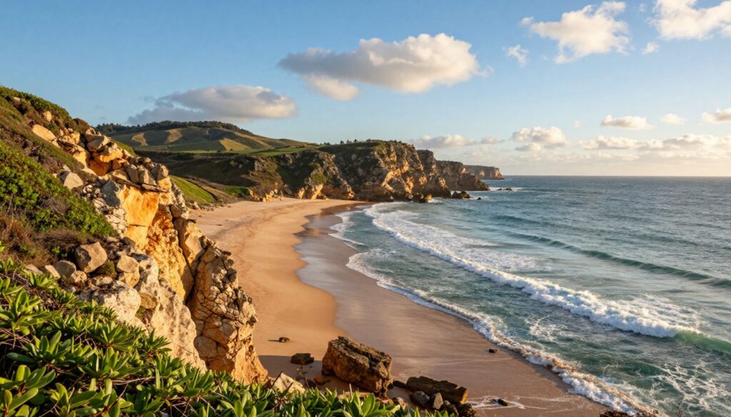 A breathtaking view of the Atlantic Ocean coastline of Portugal. In the foreground, a rocky cliff adorned with vibrant green foliage, hinting at the rugged beauty of the coastline. The middle ground features a pristine sandy beach, gently kissed by the turquoise waves lapping at the shore. Soft rolling hills can be seen in the distance, transitioning to towering cliffs that rise dramatically against a clear blue sky, dotted with fluffy white clouds. The lighting is warm and golden, indicative of early evening, casting a serene glow over the landscape. The mood is tranquil and inviting, perfect for showcasing the stunning natural beauty of Portugal's Atlantic coast.