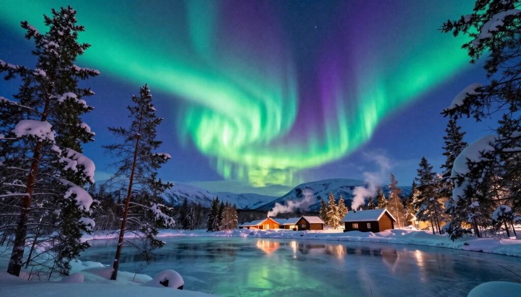 A breathtaking view of the Northern Lights (zorza polarna) illuminating the night sky above the snowy landscape of Lapland. In the foreground, a serene, frozen lake reflects the vibrant greens, purples, and blues of the aurora. A line of snow-covered pine trees frames the scene, their branches heavy with fresh snow. In the middle ground, traditional wooden cabins with smoke curling from chimneys add warmth to the pristine winter environment. The background consists of majestic mountains, softly lit by the celestial glow. Capture the magical atmosphere of this Arctic wonderland during a crisp winter night, with a focus on the colors of the aurora and the tranquility of nature. Use a wide-angle perspective to emphasize the vastness of the scene, creating a sense of awe and peace. A breathtaking view of the Northern Lights (zorza polarna) illuminating the night sky above the snowy landscape of Lapland. In the foreground, a serene, frozen lake reflects the vibrant greens, purples, and blues of the aurora. A line of snow-covered pine trees frames the scene, their branches heavy with fresh snow. In the middle ground, traditional wooden cabins with smoke curling from chimneys add warmth to the pristine winter environment. The background consists of majestic mountains, softly lit by the celestial glow. Capture the magical atmosphere of this Arctic wonderland during a crisp winter night, with a focus on the colors of the aurora and the tranquility of nature. Use a wide-angle perspective to emphasize the vastness of the scene, creating a sense of awe and peace.