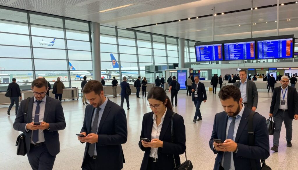 A bustling Istanbul Airport scene showcasing a modern terminal filled with international travelers. In the foreground, well-dressed business people check their flight details on smartphones, conveying a sense of urgency. The middle ground highlights the sleek architectural design of the terminal, with large glass windows reflecting natural light, and digital flight information boards displaying arrival and departure times. In the background, planes are visible on the tarmac, some taking off, while others are preparing for boarding. Soft, ambient lighting enhances the atmosphere, creating a lively yet organized feel. Capture the blend of modernity and the dynamic energy of one of the world's busiest airports, emphasizing its role as a key travel hub connecting Europe and Asia.