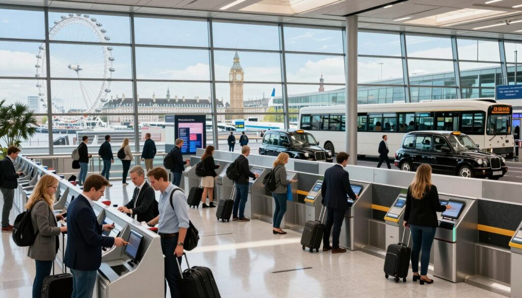 A bustling London airport scene during the daytime, showcasing passengers arriving at an international terminal with modern architectural elements. In the foreground, a diverse group of travelers in professional attire is checking in at sleek check-in kiosks, while others are rolling luggage towards the exit. The middle ground features a clear window view of various transport options, including black cabs and buses, ready to take passengers into the city. In the background, iconic landmarks like the London Eye and Big Ben can be faintly seen against a blue sky, adding depth to the scene. Bright, natural lighting streams through the terminal, creating a vibrant and welcoming atmosphere, with a sharp focus on details and a smooth depth of field to enhance clarity.