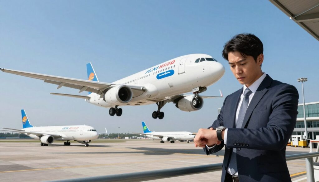 A bustling airport scene featuring a modern airplane from a prominent airline preparing for takeoff. In the foreground, a well-dressed business traveler checks their watch, showcasing a sense of urgency. The middle ground captures the sleek aircraft adorned with the airline's logo, with a few other planes visible at the airport. The background includes a clear blue sky, enhancing the atmosphere of travel. The lighting is bright and vibrant, suggesting a sunny day, with soft shadows that create depth. The angle is slightly elevated, providing a broad view of the airport terminal and runway, giving a sense of scale and activity. The overall mood is lively, energetic, and efficient, reflecting the essence of air travel.