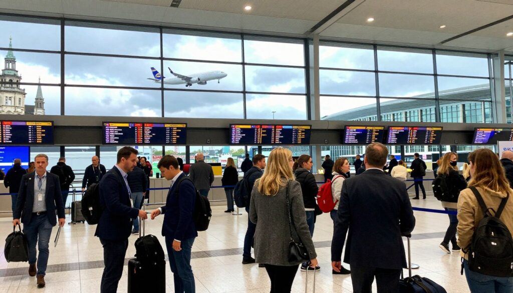A bustling airport scene in London, focusing on a modern terminal filled with travelers. In the foreground, a diverse group of people in professional business attire and modest casual clothing are engaged in check-in and conversations, with luggage nearby. The middle ground features large glass windows showcasing planes taking off, and an illuminated arrivals board displaying flight information from various destinations. The background highlights iconic London architecture subtly through the terminal's windows, with cloudy blue skies overhead. The lighting is bright and vibrant, suggesting a busy, lively atmosphere typical of a major airport. Capture the sense of anticipation and excitement as travelers prepare for their flights to Poland.