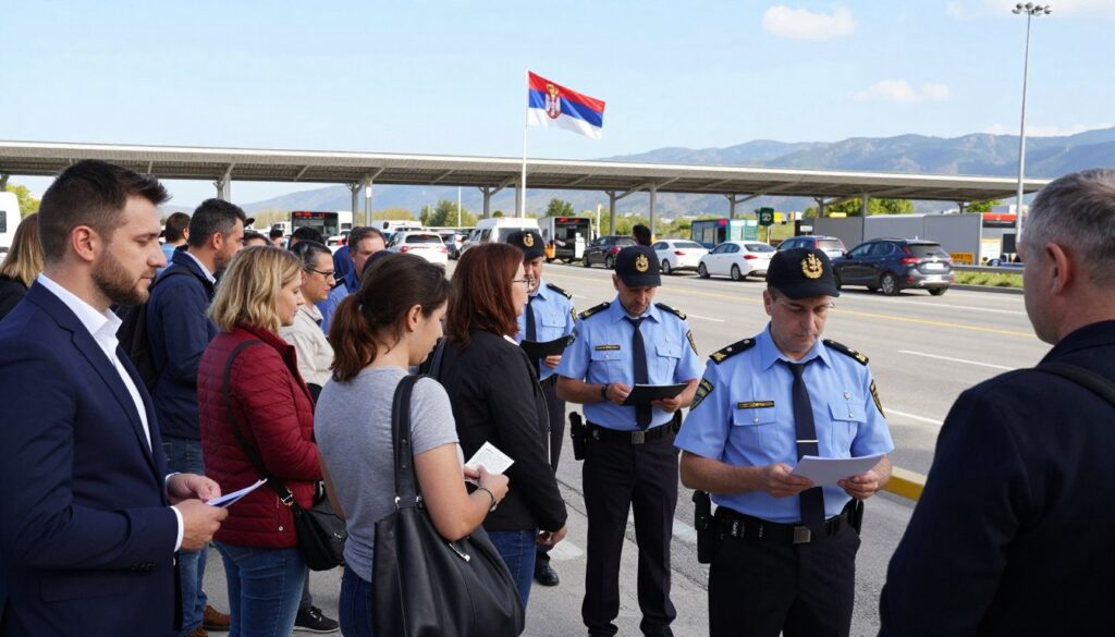 A bustling border checkpoint between Serbia and its neighboring country, capturing the essence of border control. In the foreground, a diverse group of travelers, dressed in professional business attire and modest casual clothing, patiently waiting in a line, some holding travel documents. The middle ground features customs officers in uniforms, inspecting documents and engaging with travelers, conveying a sense of vigilance and professionalism. The background showcases a busy border crossing with vehicles lined up, a distinctive Serbian flag flapping in the breeze, and mountains in the distance, under a clear blue sky. Soft, natural lighting enhances the scene, creating a realistic atmosphere. The angle is a mid-shot that balances the travelers and officers, conveying the human aspect of border control.