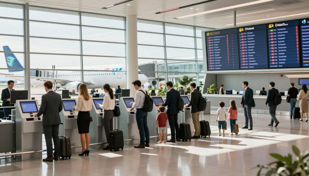 A bustling international airport scene, depicting a sleek modern terminal filled with travelers. In the foreground, diverse business professionals, dressed in professional attire, are checking in at a digital kiosk, and families are seen navigating through the terminal with luggage. The middle ground features large windows showcasing various airline logos on planes at the gate, creating a vibrant atmosphere. In the background, an enormous flight information display board lists numerous destinations, emphasizing the global reach of air travel. Bright, natural lighting pours in through the large windows, casting soft shadows across the smooth airport floor. The mood conveys efficiency and anticipation, ideal for travelers embarking on long international flights to Australia.