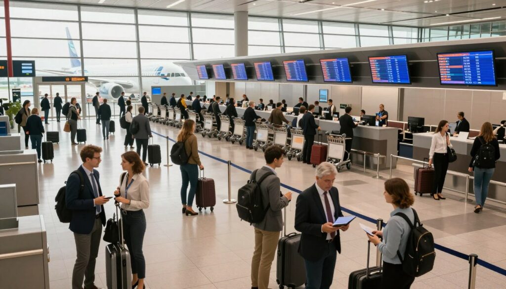 A bustling international airport terminal, showcasing a vibrant blend of travelers preparing for flights. In the foreground, diverse passengers in professional business attire are having discussions while reviewing flight schedules on digital displays. The middle ground features check-in counters and luggage carts, with large windows letting in bright, natural light that accentuates a sense of travel anticipation. In the background, an airplane can be seen through the windows, ready for takeoff. The atmosphere is energetic and dynamic, capturing the essence of transit and connection. Use a wide-angle lens to encompass the busy environment, with warm lighting to enhance the feeling of excitement and adventure associated with flying to Cuba from Warsaw.