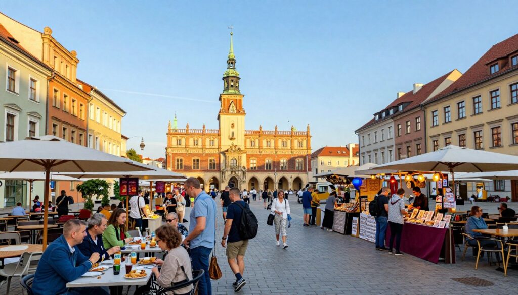 A bustling scene of "Centrum Rynek" in Wrocław, showcasing the vibrant marketplace flanked by colorful historic buildings and outdoor cafes. In the foreground, a group of people dressed in modest casual clothing enjoy local street food, capturing the lively atmosphere. The middle ground features charming stalls selling handmade crafts and local delicacies, with patrons interacting with vendors. The background reveals an iconic town hall with its impressive architecture, under a clear blue sky with soft sunlight casting gentle shadows. The setting conveys a warm, inviting mood, perfect for a weekend getaway. Capture this location from a slightly elevated angle to highlight the energy of the square, with a wide lens to encompass the lively activity and architectural beauty.