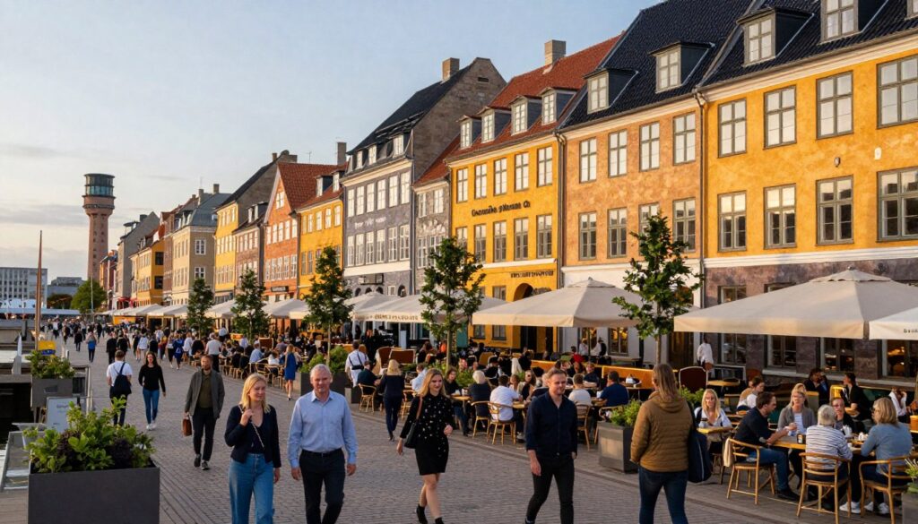 A bustling urban scene depicting the vibrant city center of Copenhagen, showcasing iconic architecture and lively streets. In the foreground, people in smart casual and professional attire are walking, enjoying cafes, and shopping. The middle ground features beautifully designed buildings, with colorful facades typical of Danish architecture, complemented by outdoor seating and greenery. In the background, a prominent landmark, such as the Round Tower or Nyhavn with its picturesque harbor, adds depth. The atmosphere is lively and cheerful, with soft evening light casting warm hues on the scene, creating inviting shadows. The angle is slightly elevated, allowing a panoramic view of this charming urban hub, capturing the essence of city life in Copenhagen without any text.