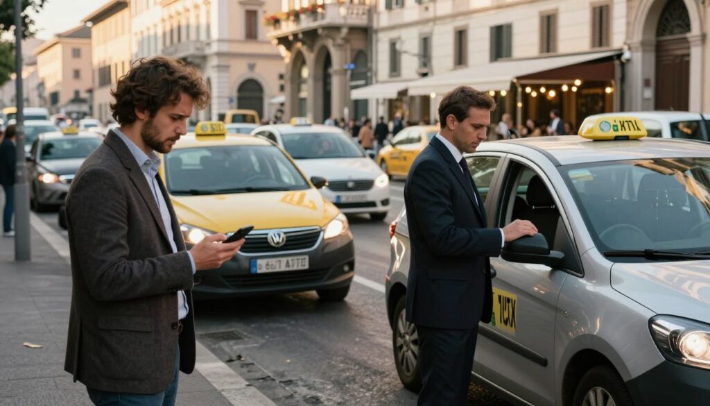 A bustling urban street in Italy featuring a line of modern taxis waiting for passengers. In the foreground, a well-dressed tourist examines a smartphone, looking concerned as he discusses transfer options with a taxi driver in a professional uniform. The middle ground showcases a variety of vehicles, including a traditional Italian taxi and a sleek transfer car, parked neatly. In the background, charming Italian architecture and a lively café scene set an inviting atmosphere. Soft afternoon sunlight casts warm hues, enhancing the scene's clarity. The mood is reflective and slightly tense, highlighting the importance of safe transport choices in a foreign city. Avoid any distractions from the main subject.