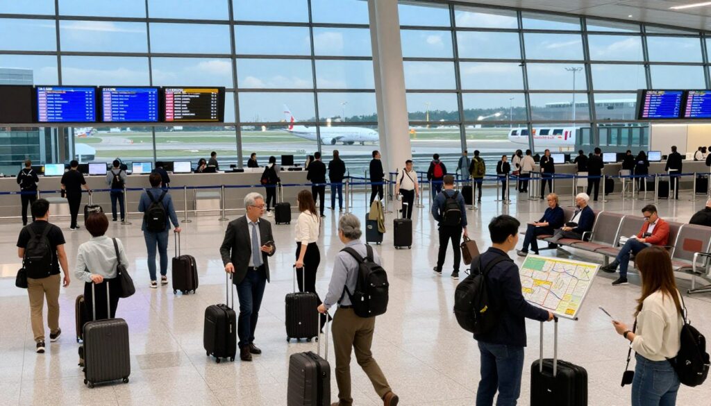 A busy airport terminal scene depicting travelers navigating their way through a modern international hub. In the foreground, a diverse group of passengers, including individuals in professional business attire and modest casual clothing, consult flight information displays and maps while pulling their luggage. The middle ground shows a bustling check-in area and gates with subtle lighting reflecting on glass surfaces, and a few people sitting on benches waiting for their connecting flights. The background features large windows with planes taxiing on the runway under a bright blue sky. The atmosphere conveys a sense of urgency and anticipation, emphasizing the importance of planning layovers and transitions during long-distance travel. The lighting is bright and dynamic, capturing the lively essence of travel.