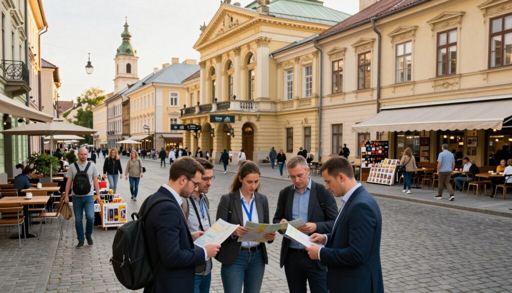 A busy urban scene in the center of Lviv, showcasing a vibrant street lined with historical buildings and bustling cafes. In the foreground, a group of travelers in professional attire, discussing maps and travel plans, conveying a sense of caution and awareness. The middle ground features pedestrians walking along the cobblestone streets, interacting with local vendors selling crafts and food. In the background, iconic landmarks such as the Lviv Opera House and the Dominican Church are visible, bathed in warm, late afternoon sunlight, adding depth. The atmosphere is lively yet cautious, with soft shadows creating a sense of realism. The image should have a slightly elevated angle, capturing the city's dynamic character while maintaining a safe and inviting mood.