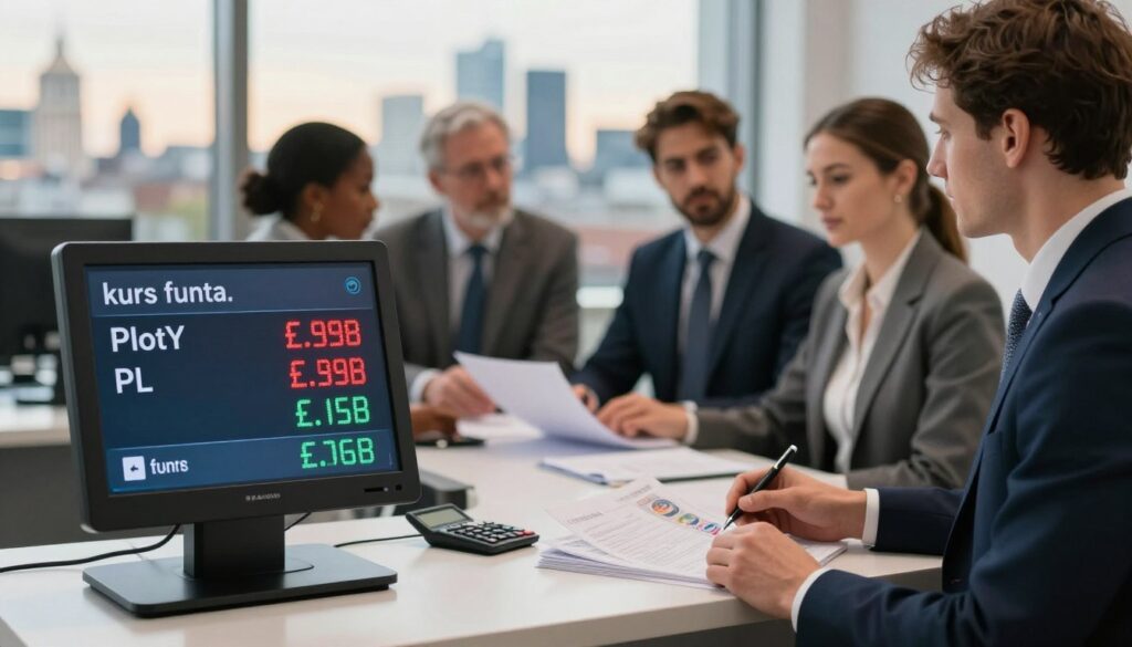 A clear and informative scene depicting the currency exchange process between Polish Zloty (PLN) and British Pound (GBP). In the foreground, a modern, sleek currency exchange desk with a digital display showing real-time exchange rates, focusing on the "kurs funta." In the middle, a diverse group of business professionals in smart attire engaged in discussions about currency conversion, with documents and calculators on the table. The background features a soft-focus city skyline with iconic London landmarks, bathed in soft, warm lighting to create a professional atmosphere. The image should evoke a sense of financial acumen and trust, suitable for an informative article about currency conversion costs.
