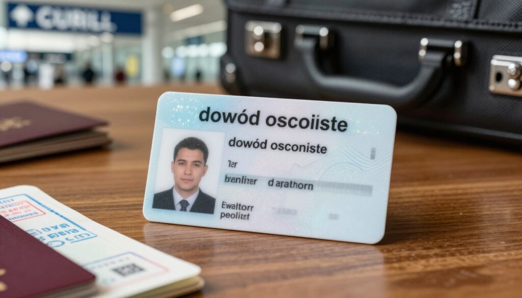 A close-up image of an official identification card, resembling a "dowód osobisty," placed on a polished wooden table. The card should display intricate security features like holograms and watermarks, with a blank space for personal details. In the foreground, there could be a passport partially open, showing the pages and stamps from travel, hinting at international journeys. The middle ground features a briefcase and some travel-sized personal items, suggesting preparation for a trip. In the background, soft-focus airport signage or a customs area can be visible, conveying a sense of travel and documentation checks. The lighting is warm, emphasizing the professionalism and importance of travel documents, creating a serious yet inviting atmosphere.