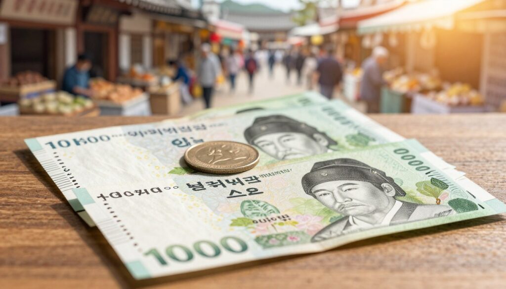 A close-up of South Korean won banknotes displayed elegantly on a wooden table, showcasing their intricate designs and vibrant colors. In the foreground, a crisp 10,000 won bill is fanned out with subtle details of the historic figures and motifs visible. The middle ground features a classic Korean coin alongside the notes, highlighting the currency system. In the background, a blurred out image of a traditional Korean market bustling with activity, the warm glow of natural sunlight filtering through. The scene conveys a sense of cultural richness and modernity, with a soft focus to evoke a welcoming atmosphere, emphasizing the importance of understanding currency in South Korea.