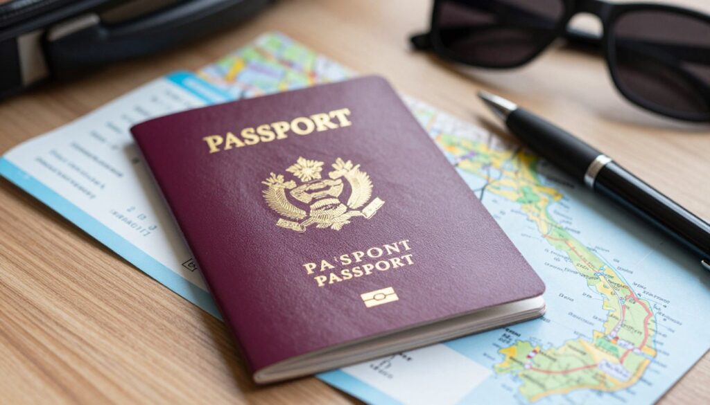 A close-up shot of a neatly arranged passport, displaying its detailed cover, embossed with the emblem of a country. The passport is placed on a wooden surface alongside travel essentials: a black pen, a boarding pass, and a map of Vietnam. Soft, natural lighting illuminates the scene, highlighting the textures of the passport and the slight sheen of the map. In the background, a blurred image of travel-related items, such as a suitcase and a pair of sunglasses, creates a sense of preparation for an adventure. The atmosphere conveys a sense of anticipation and adventure, perfect for illustrating the travel preparation process.