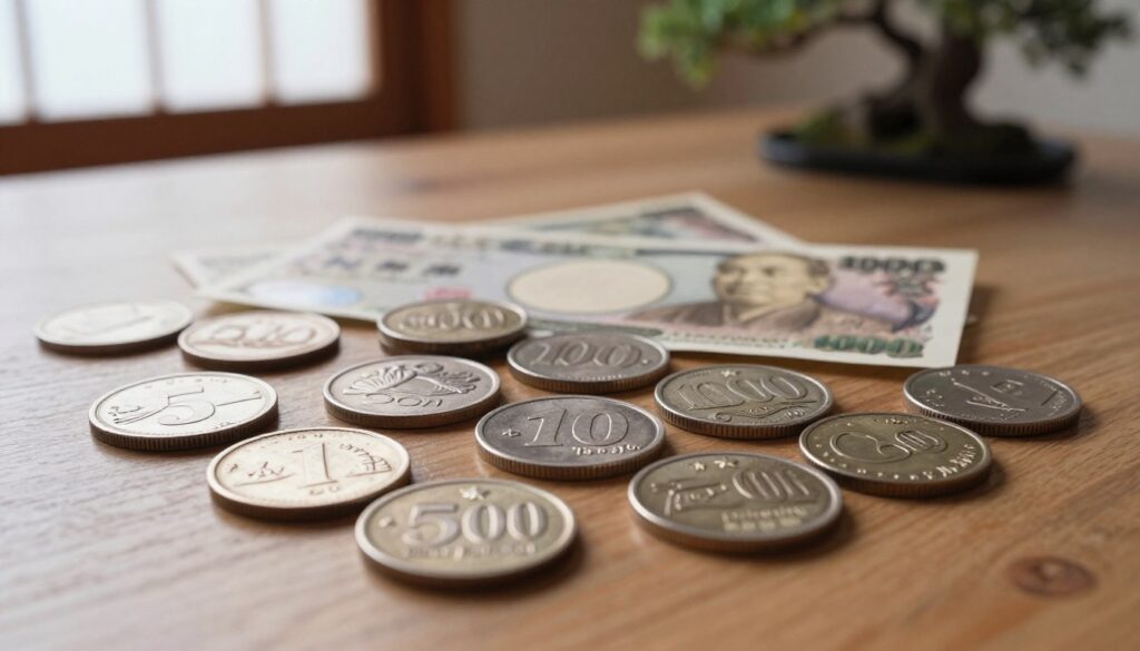 A close-up view of Japanese coins spread on a wooden table, showcasing different denominations of yen coins, including 1, 5, 10, 50, 100, and 500 yen coins, each with their unique intricate designs and details. In the middle ground, a few folded Japanese banknotes can be seen, blending harmoniously with the coins. The background subtly features traditional Japanese elements, like a shoji screen or a bonsai tree, creating an authentic atmosphere. Soft, diffused natural lighting from the side illuminates the coins, creating gentle shadows and highlights that emphasize their metallic textures. The overall mood is calm and informative, perfect for illustrating the value and experience of handling cash in Japan after a visit.