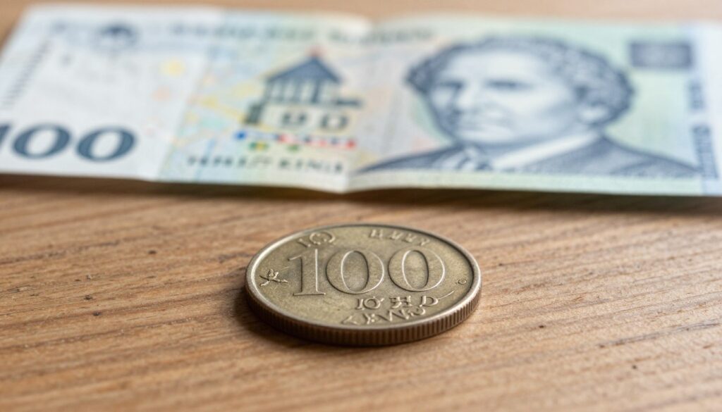 A close-up view of a 100 øre coin, showcasing its intricate details and distinctive features, placed on a wooden table. The foreground captures the textured surface of the coin, emphasizing its round shape and engraved elements, like the value and any symbols. In the middle ground, soft shadows play across the table, enhancing the three-dimensionality of the coin. The background is blurred, featuring hints of Danish currency notes and a faint outline of a traditional Danish market, creating a warm and inviting atmosphere. The lighting is soft and natural, simulating daylight, to evoke a sense of everyday life in Denmark. The overall mood is informative and authentic, reflecting the currency's significance in daily transactions. A close-up view of a 100 øre coin, showcasing its intricate details and distinctive features, placed on a wooden table. The foreground captures the textured surface of the coin, emphasizing its round shape and engraved elements, like the value and any symbols. In the middle ground, soft shadows play across the table, enhancing the three-dimensionality of the coin. The background is blurred, featuring hints of Danish currency notes and a faint outline of a traditional Danish market, creating a warm and inviting atmosphere. The lighting is soft and natural, simulating daylight, to evoke a sense of everyday life in Denmark. The overall mood is informative and authentic, reflecting the currency's significance in daily transactions.