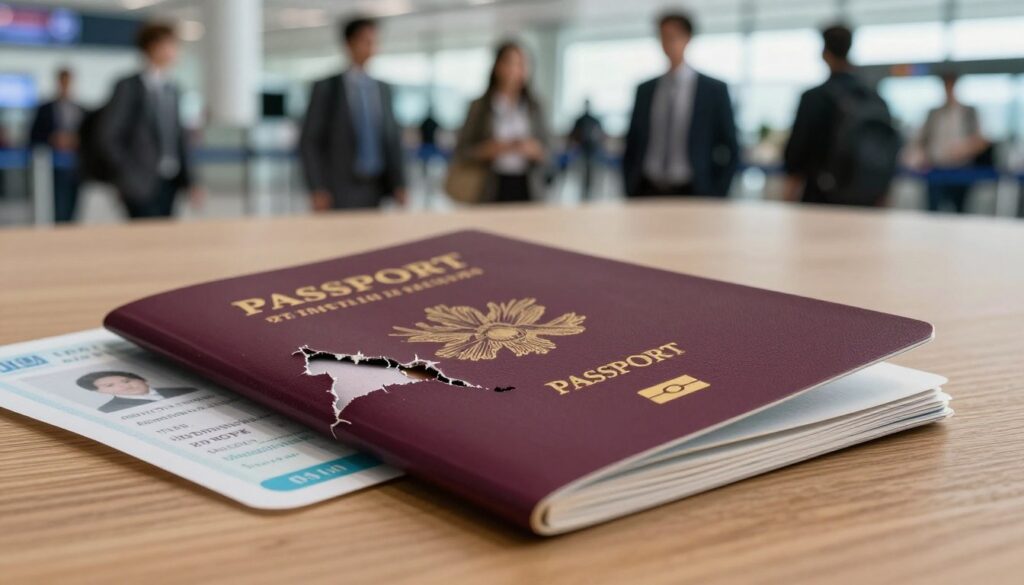 A close-up view of a damaged passport and identification document lying on a wooden table, with frayed edges and a torn cover, conveying a sense of urgency and distress. The foreground features the documents prominently displayed, with clear details showcasing the damage. In the middle ground, a blurred background reveals a chaotic airport check-in area, illustrating travelers in professional business attire looking concerned. Soft, natural lighting filters through, creating a somber atmosphere that highlights the seriousness of lost or damaged travel documents. The angle captures the documents at a slight tilt, providing depth and focus, evoking feelings of anxiety and the challenges of cross-border travel.
