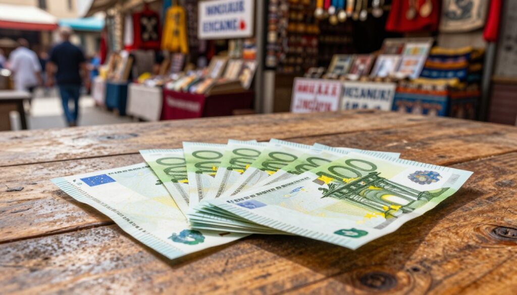A close-up view of a stack of Euro banknotes, artfully arranged and slightly fanned out on a rustic wooden table. In the background, a blurred scene of a bustling marketplace in Egypt with colorful stalls showcasing local goods and currency exchange signs. Soft, warm sunlight streams in from the side, casting gentle shadows that enhance the textures of both the banknotes and the aged wood. The image captures a sense of exchange and commerce, illustrating the practical use of Euros in a vibrant and culturally rich environment. The overall mood is inviting and dynamic, reflecting the financial interaction in a lively marketplace.
