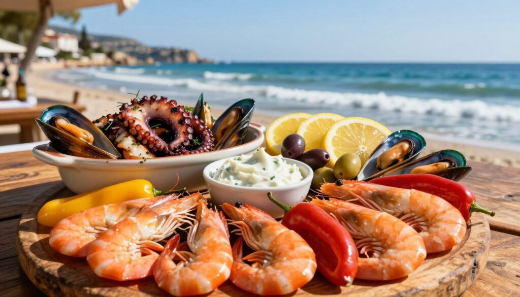 A colorful seafood platter featuring a variety of freshly prepared "owoce morza" elegantly displayed on a rustic wooden table. In the foreground, succulent shrimp, vibrant red and yellow peppers, and glistening mussels are arranged alongside a bowl of zesty aioli. In the middle ground, a ceramic dish showcases grilled octopus garnished with herbs, while a few slices of lemon and colorful olives add pops of color. In the background, a beautiful seaside view of the Costa del Sol, with gentle waves and a clear blue sky, captures the essence of dining by the ocean. The scene is illuminated by warm, natural sunlight, creating an inviting and appetizing atmosphere. The angle is slightly overhead, emphasizing the beauty and freshness of the seafood assortment.