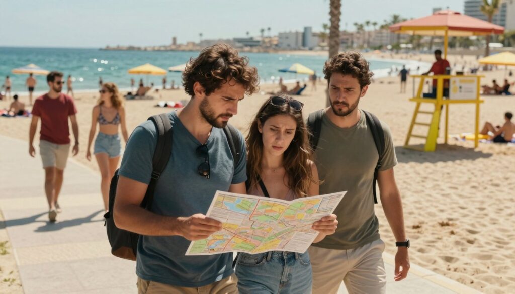 A concerned group of tourists walking along a bustling Alicante beach, showcasing a mix of emotions like curiosity and caution. In the foreground, capture two tourists in modest casual clothing, looking at a local map with wary expressions. The middle layer features sunbathers enjoying the beach, while a lifeguard watches over the scene nearby, embodying safety. In the background, the beautiful Mediterranean Sea sparkles, dotted with beach umbrellas and distant palm trees under a bright blue sky. The lighting is warm and inviting, creating a vibrant atmosphere that reflects both leisure and the need for vigilance. The overall mood is a blend of enjoyment and awareness, representing the dual nature of safety in a tourist destination.