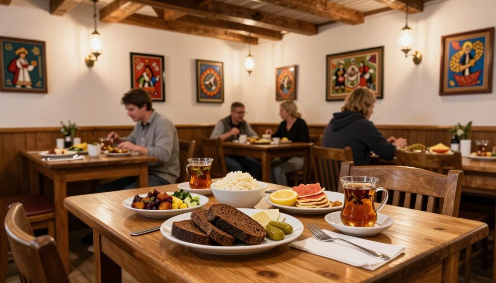 A cozy and inviting Lithuanian restaurant interior, showcasing traditional decor with wooden beams, vintage light fixtures, and colorful local art on the walls. In the foreground, a beautifully set wooden table adorned with a hearty Lithuanian breakfast spread, featuring dark rye bread, pickled vegetables, and aromatic herbal tea. Soft, warm lighting creates a welcoming atmosphere, highlighting the textures of the food and the rustic furniture. In the background, a small group of patrons in modest casual attire enjoying their meals, laughing and engaging in conversation. Capture the essence of a relaxed dining experience in Vilnius, ideally framed with a focus on the table as the centerpiece, shot with a slight depth of field to create a warm, inviting feel.
