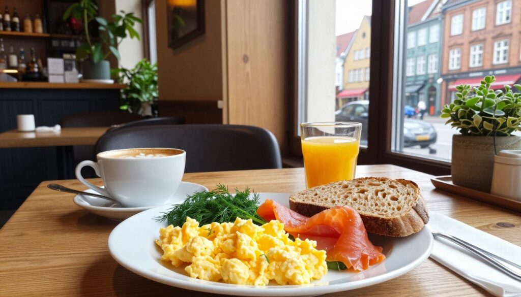 A cozy café table set for breakfast, featuring a delightful spread of traditional Polish breakfasts. In the foreground, a perfectly arranged plate with scrambled eggs, fresh dill, a side of smoked salmon, and crusty rye bread. Beside it, a cup of aromatic coffee with latte art and a small glass of freshly squeezed orange juice. The middle ground shows a warm, inviting interior with wooden accents, plants, and soft morning light streaming in through large windows. In the background, glimpses of a vibrant Gdańsk street can be seen, hinting at the historical architecture just outside. The overall mood is cheerful and relaxing, evoking the pleasure of starting a day in a coastal city, perfect for exploration.