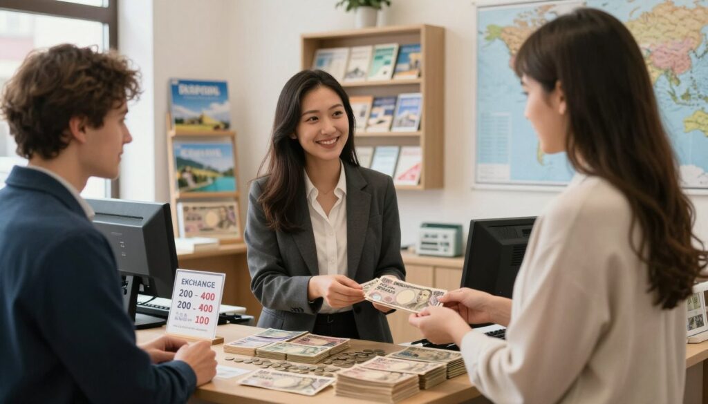 A cozy currency exchange office in Poland, showcasing a friendly teller behind the counter, assisting a young couple who are exchanging Polish zloty for Japanese yen. The foreground features stacks of colorful yen notes and coins neatly arranged on the counter, with a sign indicating currency exchange rates. In the middle ground, soft lighting highlights the couple, who are dressed in professional business attire, smiling and holding their cash. The background shows shelves with travel brochures and a world map, creating a warm, welcoming atmosphere. A focus on natural lighting from large windows enhances the inviting mood, emphasizing the importance of preparing for foreign travel.