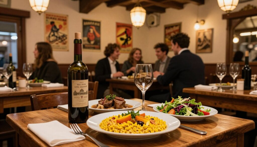 A cozy trattoria in Milan, filled with the warm glow of soft, ambient lighting from hanging lanterns. In the foreground, a beautifully set wooden table with traditional Lombard dishes: a colorful risotto with saffron, a plate of osso buco, and a fresh green salad. A rustic wine bottle and glasses sit nearby, reflecting the light. In the background, a lively group of elegantly dressed diners sharing laughter and conversation, evoking a sense of warmth and community. The walls adorned with vintage Italian posters and wooden beams, filled with an inviting atmosphere. Shot with a shallow depth of field to focus on the table setting, capturing the essence of traditional Lombard dining culture.