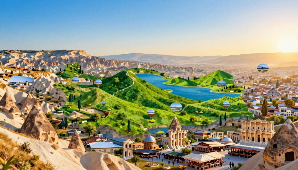 A detailed and vibrant illustration of the seven geographical regions of Turkey, showcasing each region's unique characteristics. In the foreground, depict iconic landscapes and symbols representing each region, such as the breathtaking landscapes of Cappadocia, the lush green hills of the Black Sea, the historical ruins of Ephesus, and the bustling bazaars of Istanbul. The middle ground should feature a subtle blend of colors and textures to represent the diversity, including mountains, coastlines, and urban areas. In the background, a soft gradient of a clear blue sky transitions to golden sunlit horizons, conveying warmth and richness. Use natural lighting to create a welcoming atmosphere, capturing the essence of Turkey's multifaceted geography from a slightly elevated angle to encompass the broad view of all regions harmoniously.