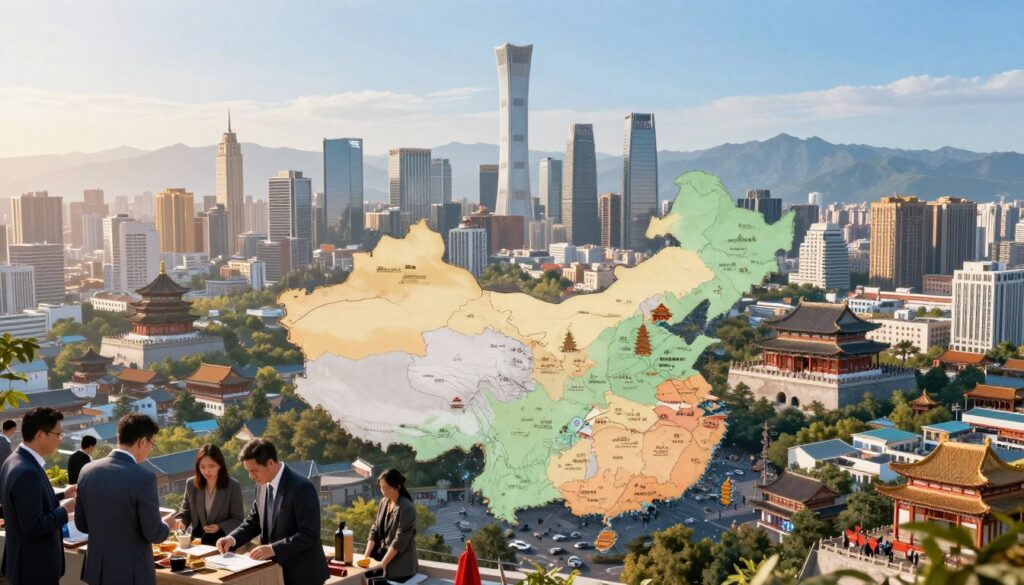 A detailed cityscape showcasing various regions of China, depicted from a high vantage point. In the foreground, colorful market scenes bustling with professional-looking individuals in business attire, engaging in trade and conversation. The middle ground features a diverse array of iconic city landmarks, including modern skyscrapers and traditional architecture unique to different Chinese cities. The background extends to distant mountains, under a clear blue sky, suggesting vastness and travel. Soft, diffused lighting creates a warm atmosphere, with the sun low on the horizon casting gentle shadows. The image should evoke a sense of connection between these regions and their travel routes, emphasizing the rich tapestry of cities across China linked to international journeys.
