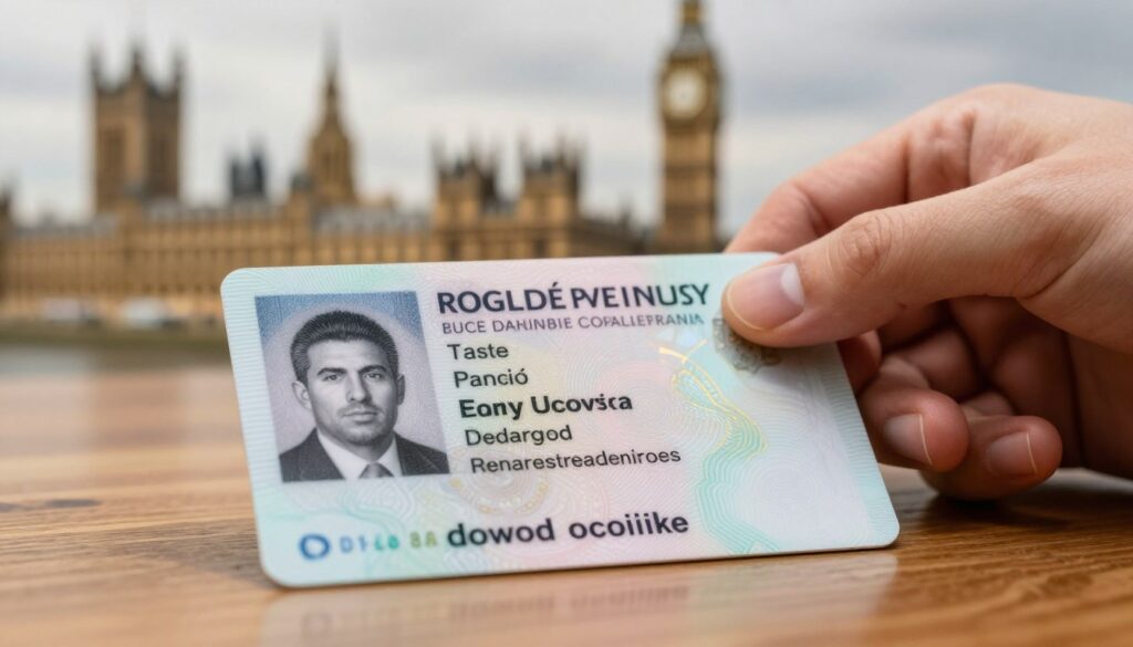 A detailed close-up of a Polish national identity card (dowód osobisty), showcasing its intricate design, holograms, and security features. The foreground features the card prominently displayed on a wooden table, with subtle reflections and highlights to emphasize its texture. In the middle ground, a blurred hand holds the card slightly angled, suggesting a person preparing to show it. The background features an iconic British landmark like Big Ben, softly out of focus, hinting at the UK context. The lighting is warm and inviting, creating a professional atmosphere. The overall mood should convey clarity and seriousness about travel documentation, with a sense of anticipation for international travel. A detailed close-up of a Polish national identity card (dowód osobisty), showcasing its intricate design, holograms, and security features. The foreground features the card prominently displayed on a wooden table, with subtle reflections and highlights to emphasize its texture. In the middle ground, a blurred hand holds the card slightly angled, suggesting a person preparing to show it. The background features an iconic British landmark like Big Ben, softly out of focus, hinting at the UK context. The lighting is warm and inviting, creating a professional atmosphere. The overall mood should convey clarity and seriousness about travel documentation, with a sense of anticipation for international travel.